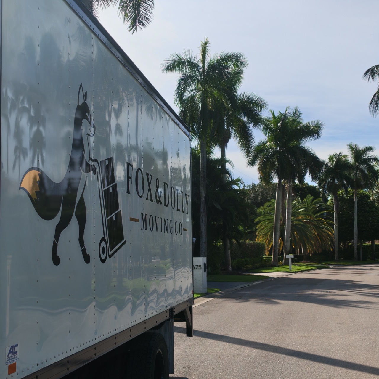 Fox and Dolly moving truck on a palm-lined Naples street